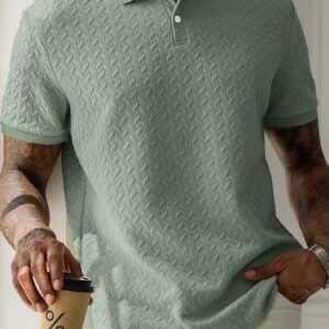 HUEFORM Men's Sage Green Summer Casual Vacation Polo Shirt,Geometric Diamond-Textured Jacquard Knit Short-Sleeve Shirt,Old Money Style French Elegance Formal Polo Shirt, Ceremony