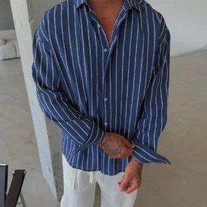 Men's Blue & White Striped Long Sleeve Casual Shirt, Relaxed Fit, Versatile & Minimalist Design, Suitable For Multi-Season Everyday Wear, Comfortable & Breathable, Linen-Like Texture, Fall