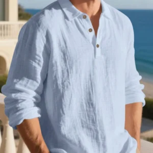 Men's Lightweight Loose Fit Linen Blend Long Sleeve Polo Shirt, Shallow Blue, Half-Zip Design, Breathable & Comfortable, Suitable For Beach & Outdoor Activities (Summer Fabric Is Thin & Slightly Sheer; European & American Sizes Run Larger!! Sleeves Are Longer, Recommend Ordering One Size Smaller!)