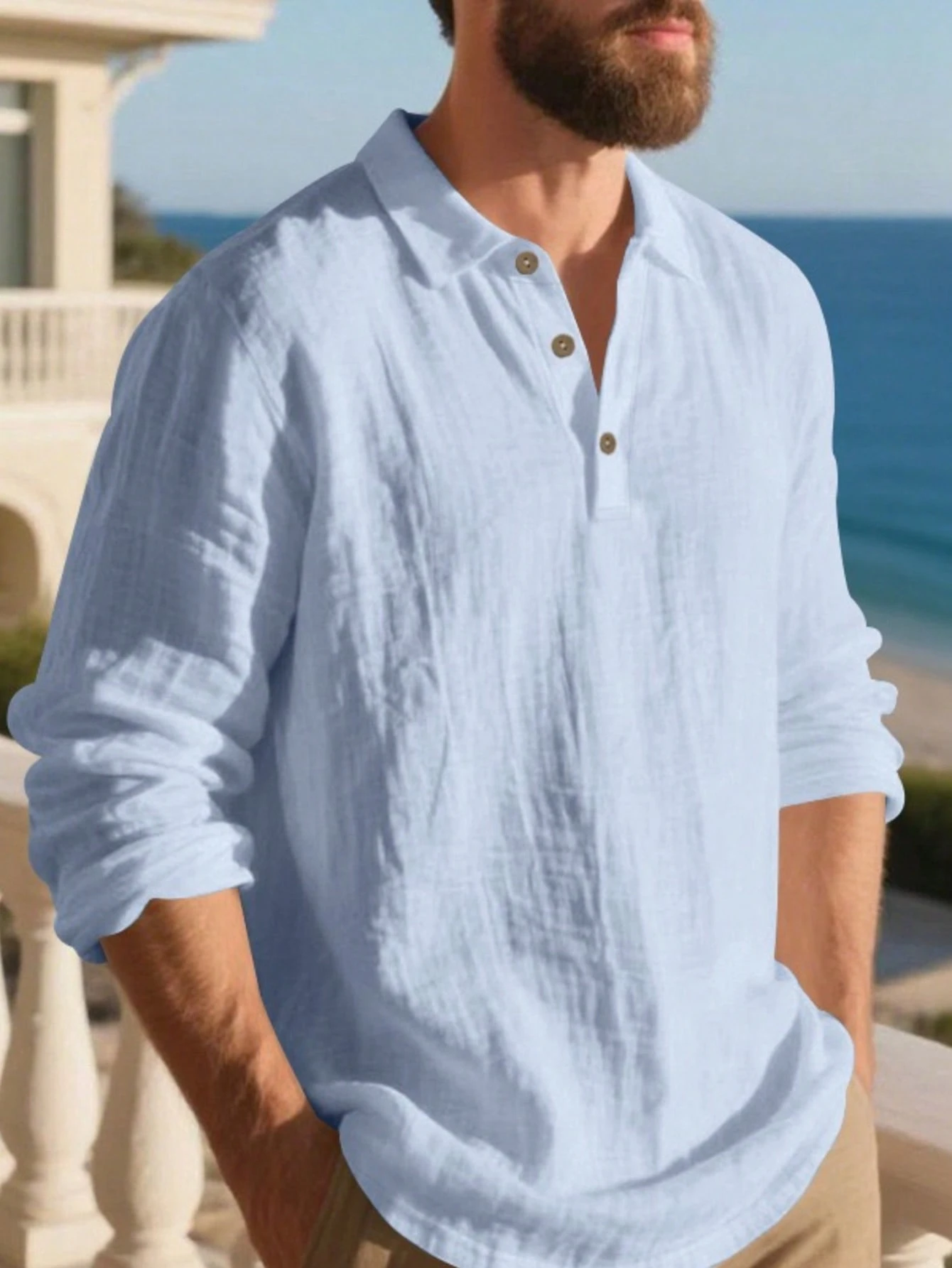 Men's Lightweight Loose Fit Linen Blend Long Sleeve Polo Shirt, Shallow Blue, Half-Zip Design, Breathable & Comfortable, Suitable For Beach & Outdoor Activities (Summer Fabric Is Thin & Slightly Sheer; European & American Sizes Run Larger!! Sleeves Are Longer, Recommend Ordering One Size Smaller!)