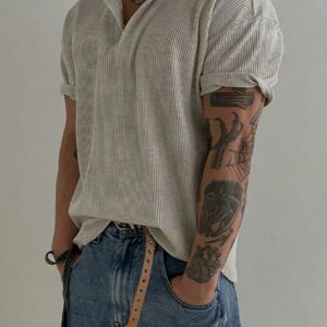 Henry Collar Waffle Short Sleeve T-Shirt For Men, Lightweight Breathable Basic Tee, American Minimalist Style, All Season