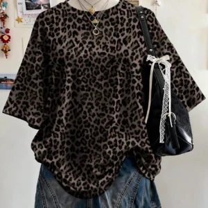Lalippa Random Plaid Digital Print Casual Oversized Mid-Length Round Neck Drop Shoulder Women T-Shirt, Gift For Friends