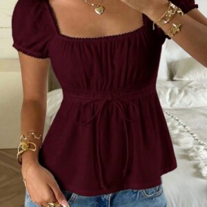 CovetEZ 95% Cotton Summer Square Neck Puff Sleeve Tie Front Tee, Wine Red,Summer Top