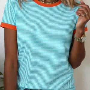EMERY ROSE Women's Contrast Color Stripe Print Round Neck Short Sleeve T-Shirt