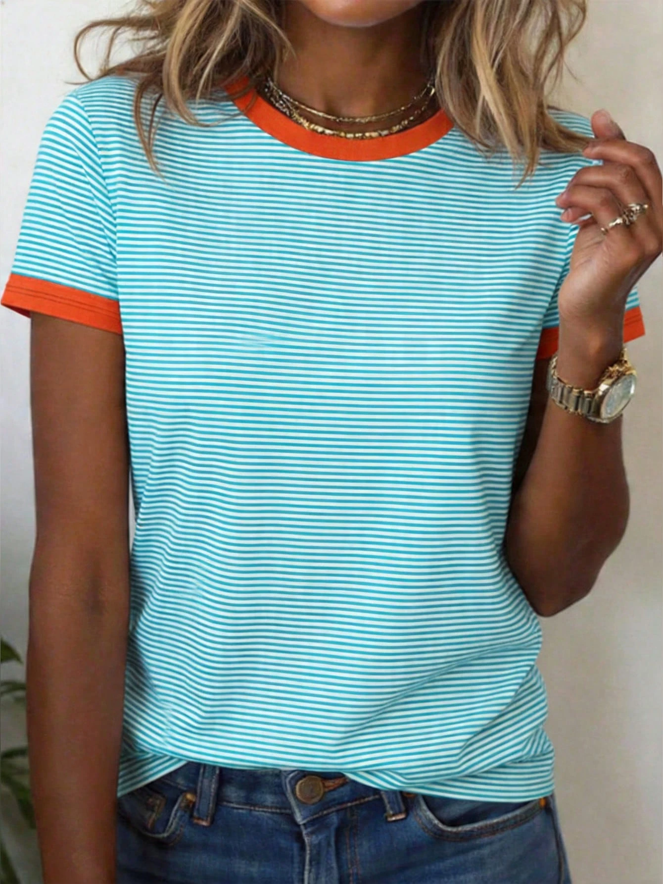 EMERY ROSE Women's Contrast Color Stripe Print Round Neck Short Sleeve T-Shirt