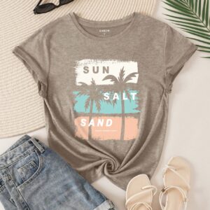 Resyla Women's Summer Palm Tree & Letter Print Crew Neck Short Sleeve Casual T-Shirt SUN SALT SAND SEASIDE PARADISE HAWAII Graphic Tees Women Tops