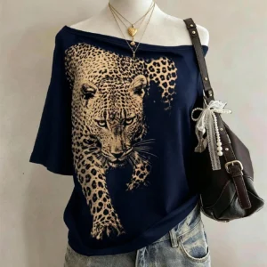 Lalippa Leopard Print Graphic Minimalist Round Neck T-Shirt, Gift For Friends