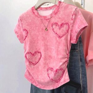 Resyla Women's Fitted T-Shirt, Heart Pattern Textured Print Design, Elegant Vibe, Casual Versatile, Suitable For Daily & Outdoor Wear, Summer