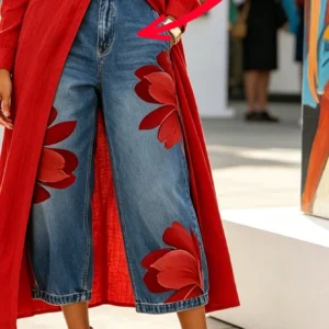 Women's Casual Soft Imitation Denim Printed Straight Leg Pants Without Waistband, Non Real Denim Fabric